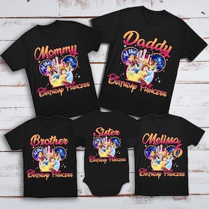Chemise d&#39;anniversaire de princesse personnalisée, chemise de fête d&#39;enfant d&#39;anniversaire de famille de fille, thème du château de princesse, t-shirt de princesse aligné