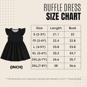 May include: A black ruffle dress displayed next to a size chart titled RUFFLE DRESS SIZE CHART. The chart lists sizes S through 3XL with corresponding length and bust measurements in inches, ranging from 21.1 to 28 inches for length.