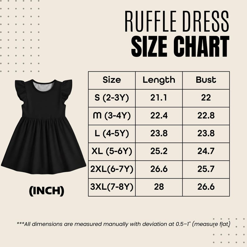 May include: A black ruffle dress displayed next to a size chart titled RUFFLE DRESS SIZE CHART. The chart lists sizes S through 3XL with corresponding length and bust measurements in inches, ranging from 21.1 to 28 inches for length.