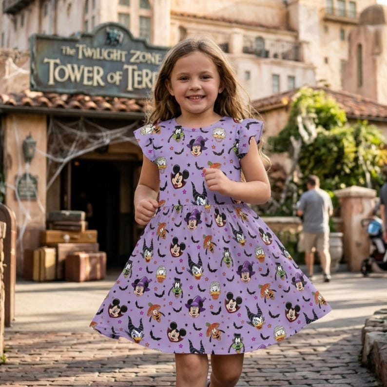 May include: A light purple dress featuring a repeating pattern of Disney characters in Halloween costumes, including Mickey Mouse, Minnie Mouse, and Maleficent, interspersed with small black bats and purple stars, with flutter sleeves and a gathered skirt.