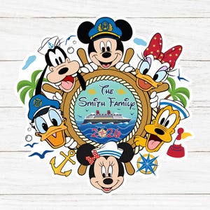 May include: A colorful sticker featuring Disney characters Mickey Mouse, Minnie Mouse, Donald Duck, Daisy Duck, Goofy, and Pluto. The characters surround a ship's wheel with a cruise ship illustration and the text "The Smith Family 2020".