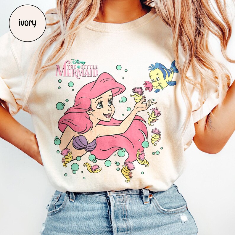 Retro The Little Mermaid Ariel Princess & Flounder Bubble Poster Disney T-Shirt, Ariel Princess Tee, WDW Vacation Girls' Trip Outfit image 3
