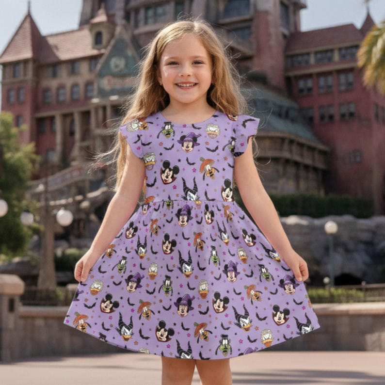 May include: A light purple dress featuring a repeating pattern of Disney characters dressed in Halloween costumes, including Mickey Mouse, Minnie Mouse, and Maleficent, interspersed with small black bats and purple stars, with flutter sleeves.