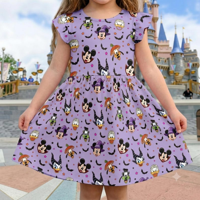 May include: A light purple dress with flutter sleeves featuring an all-over print of Disney characters in Halloween costumes, including Mickey Mouse, Minnie Mouse, Donald Duck, Goofy, and Maleficent, interspersed with black bats and small pink stars.