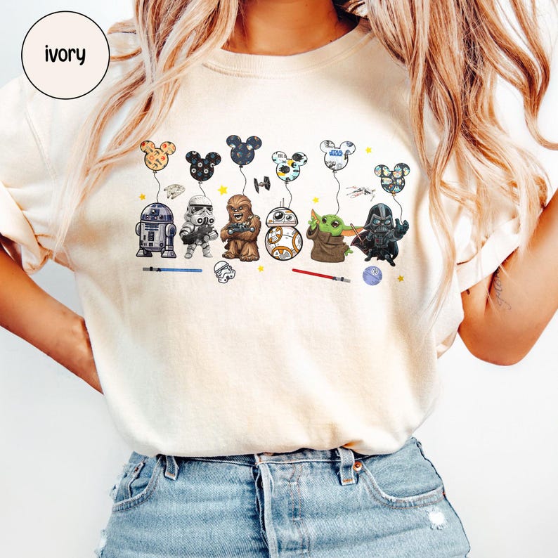 Retro Star Wars Character Shirt, Star Wars Disney Balloon Tee, Star Wars Baby Yoda Lovers T-shirt, Disneyland Family Vacation Outfit image 3
