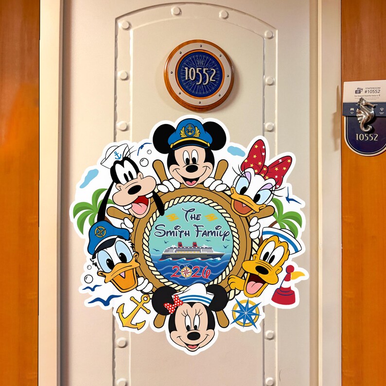 May include: A colorful door decoration featuring Disney characters Mickey Mouse, Minnie Mouse, Goofy, Donald Duck, Daisy Duck, and Pluto. The design includes a ship's wheel with the text "The Smith Family 2020" and a cruise ship illustration.