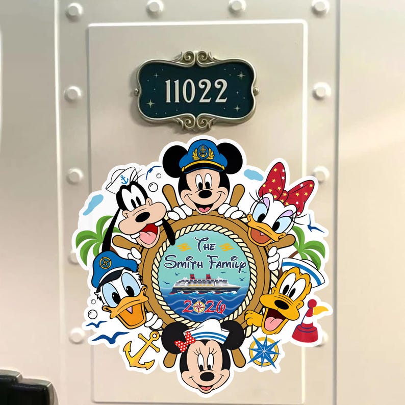 May include: A colorful sticker featuring Disney characters around a ship's wheel. The wheel has the text "The Smith Family" and "2020". Above is a teal sign with the number "11022".