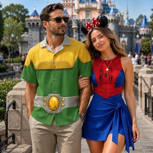 May include: A short-sleeved button-down shirt featuring a yellow upper section, green lower section, and a printed belt graphic with a gold buckle. A sleeveless red and blue top with a black spiderweb pattern and a blue wrap-style skirt.