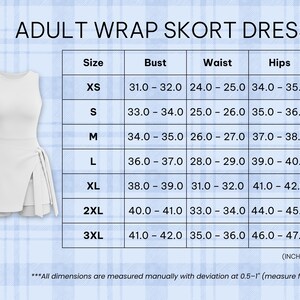 a size chart for an adult wrap skort dress, providing measurements for different bust, waist, hips, and waist sizes.