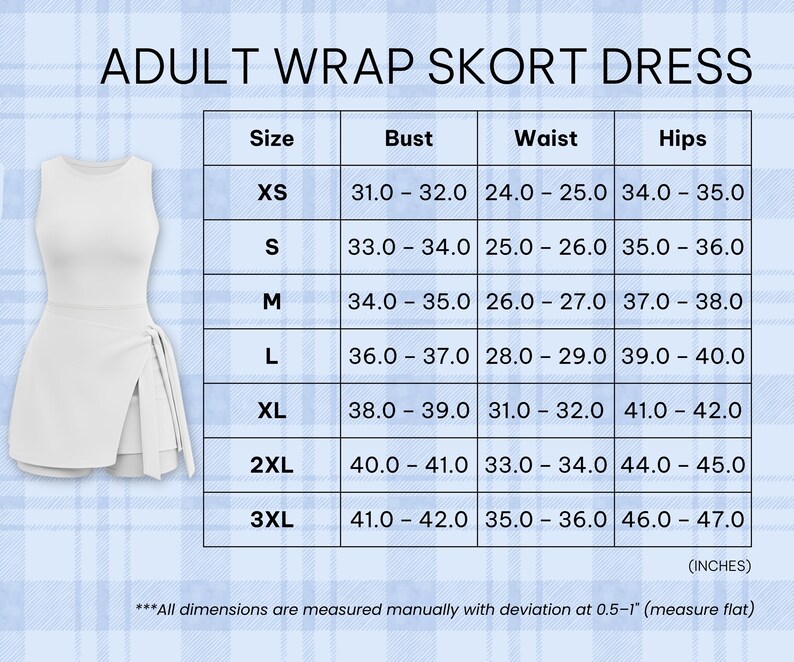 a size chart for an adult wrap skort dress, providing measurements for different bust, waist, hips, and waist sizes.