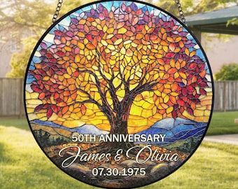 Personalized Tree of Life Anniversary Stained Glass Suncatcher, Custom Name Year Tree Of Life Glass Window, Golden Anniversary Suncatcher