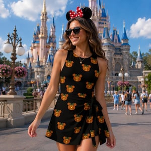 May include: A black sleeveless dress featuring an all-over print of orange pumpkin icons shaped like mouse ears with green stems. The dress has a round neckline and a side tie detail at the waist, creating a wrap-style skirt silhouette.