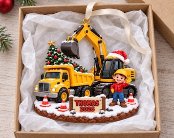 Personalized Kids Name Truck Christmas Ornament, 2D Flat Construction Vehicle Acrylic Ornament, Custom Boys Excavator Ornament Keepsake