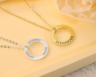 Silver Circle Name Necklace,Personalized Engraved Name Necklace,Personalized Circle Necklace,Family Necklace,Mothers Day Gift,Gift for Mom