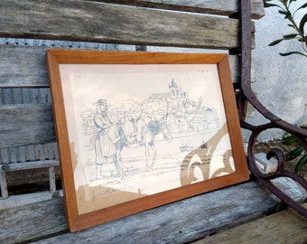 Vintage drawing rural with original wood frame black and white pen drawing