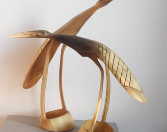 Antique pair of decorative birds crane bone handmade 30s