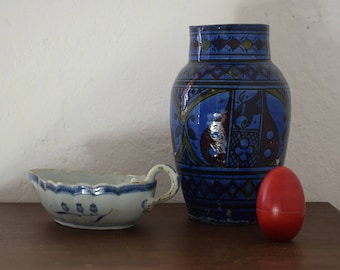Antique Moroccan Vase Blue Glazed Yellow Red