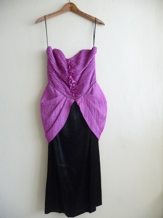 violet purple and black strapless formal bow dress