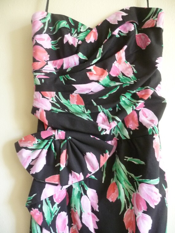 botanical tulip print strapless black bow dress - image 3