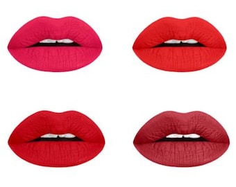 Red Liquid Lipstick Bundle (Four shades- flamenco, preppy, power, + neon red).  Makeup. Cosmetics. Vegan. Cruelty-free. Liquid to Matte.