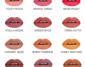 Warm Matte Liquid Lipstick Shades - Peach, Ginger, Terra Cotta, Brown, Nude, Chestnut, Caramel