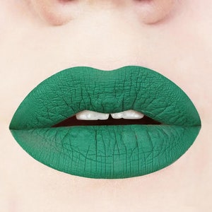 Emerald Green Matte Liquid Lipstick. Makeup. Cosmetics, Matte Lipstick, Green Lips, Vegan, Cruelty-Free, Glossy to Matte, Halloween Makeup