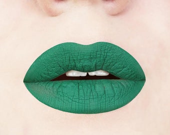 Emerald Green Matte Liquid Lipstick. Makeup. Cosmetics, Matte Lipstick, Green Lips, Vegan, Cruelty-Free, Glossy to Matte, Halloween Makeup