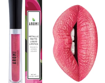 Aromi Metallic Liquid Lipstick in Rose Gold | shimmery finish, vegan and cruelty-free makeup, liquid-to-matte, peachy pink, coral lipstick