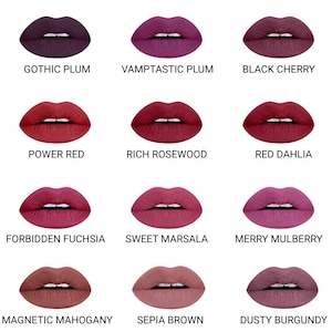 May include: A collection of twelve lip colors, each displayed as a pair of lips. Shades range from deep plum and red to pink and brown, with names like "Gothic Plum," "Power Red," and "Sepia Brown" printed below each color.