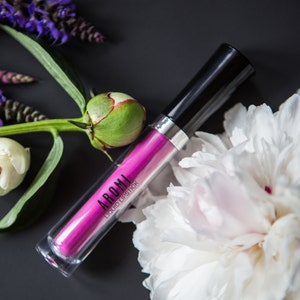 Pink Peonies Matte Liquid Lipstick. Glossy-to-Matte. Pink. Bright. Vegan. Cruelty-free. Gluten Free. Makeup. Cosmetics. Matte Lipstick. Lips