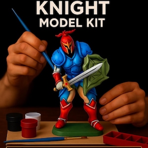 May include: A 3D Retro Elite Knight model kit with the text "PAINT YOUR OWN 3D RETRO ELITE KNIGHT MODEL KIT". The kit includes a knight model, 6 acrylic paints, 2 brushes, and a paint tray. The knight is painted in blue, red, and gold.