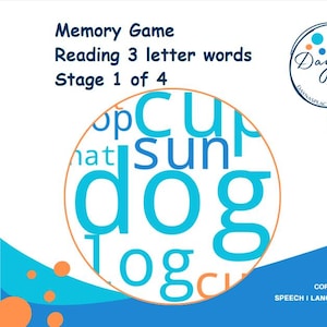 Juego de memoria: Lectura de palabras de 3 letras / Etapa 1 de 4 / Imprimible de fonética y lectoescritura / De 5 a 7 años / Juego para aprender a leer / Descargar PDF