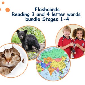 Tarjetas didácticas – Paquete de lectura / Aprende a leer palabras de 3 y 4 letras / Conjunto de lectoescritura y fonética / De 5 a 7 años / PDF / Recurso para la educación en casa y el desarrollo del habla y el lenguaje