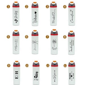 May include: White insulated water bottles with various personalized designs. Each bottle features a red band and orange cap. Designs include names like "Shelby," "Victoria," and "Mabel," along with graphics and text.