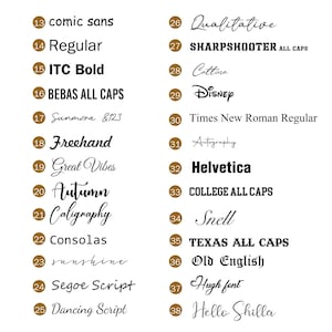 May include: A white background displays a collection of font samples. Each font is labeled with a number and its name, including "comic sans," "ITC Bold," "Freehand," "Helvetica," and "Times New Roman Regular." The fonts vary in style, from bold to script.