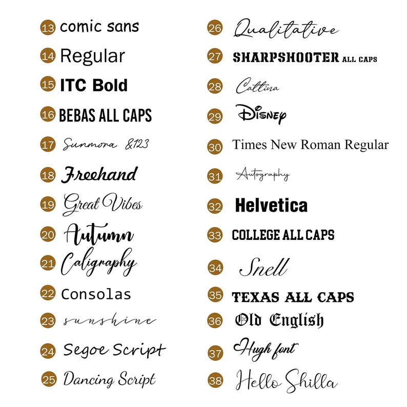 May include: A white background displays a collection of font samples. Each font is labeled with a number and its name, including "comic sans," "ITC Bold," "Freehand," "Helvetica," and "Times New Roman Regular." The fonts vary in style, from bold to script.