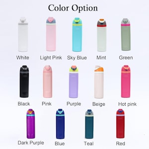May include: A collection of insulated water bottles in various colors, including white, light pink, sky blue, mint, green, black, pink, purple, beige, hot pink, dark purple, blue, teal, and red. The text "Color Option" is at the top.