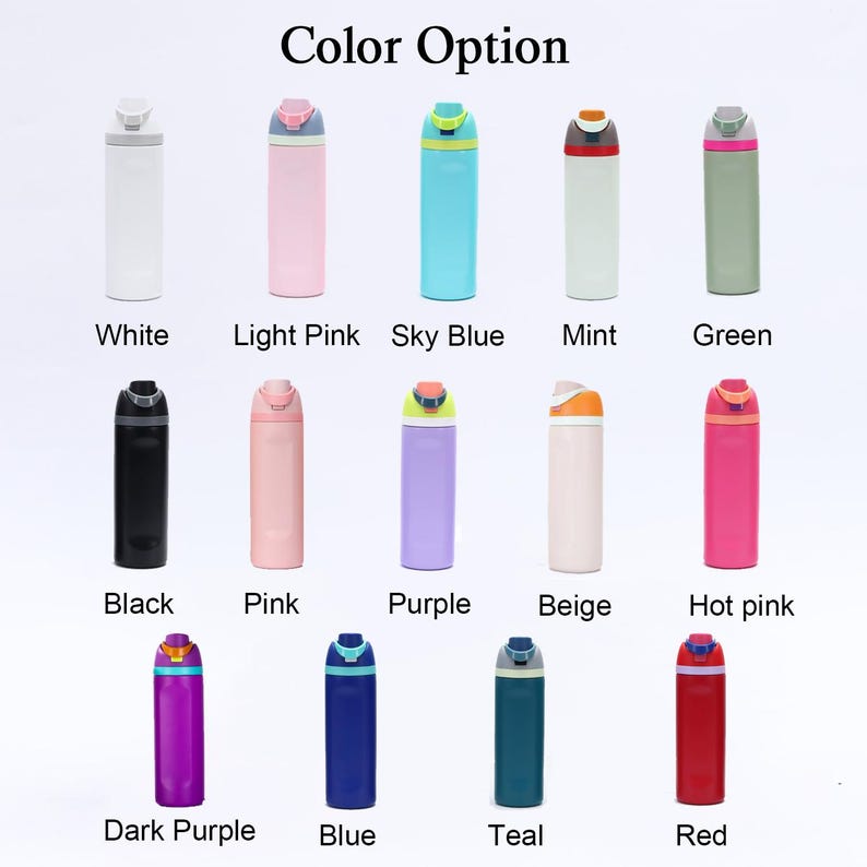 May include: A collection of insulated water bottles in various colors, including white, light pink, sky blue, mint, green, black, pink, purple, beige, hot pink, dark purple, blue, teal, and red. The text "Color Option" is at the top.
