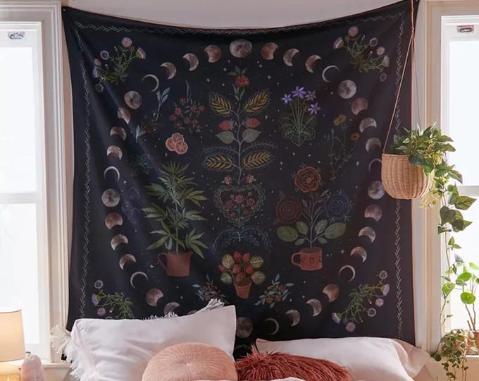 Plant Moon Phase Tapestry, Wall Lounge Hanging, Floral Pattern Tapestry, Moonlit Garden Tapestry Wall Art,Plant Tapestry,Moon Phase wall art