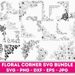 May include: A set of 25 black and white floral corner SVG designs. The designs feature various floral motifs, including roses, lilies, and daisies. The designs are perfect for adding a touch of elegance to your projects.