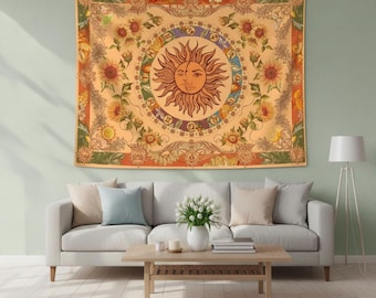 Sun moon Fantasy Tapestry Sun and moon phase tapestry Hippie Sun Tapestry Boho Sun and Moon Wall Botanical Tapestry Bohemian Room Decor
