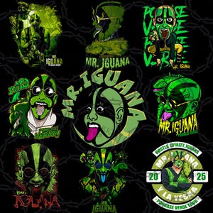 May include: A series of green and black graphic designs featuring a character with iguana-like features, sunglasses, and the text "MR. IGUANA". Some designs include the text "PONGASE VERDE" and "MR. KOLIMA".