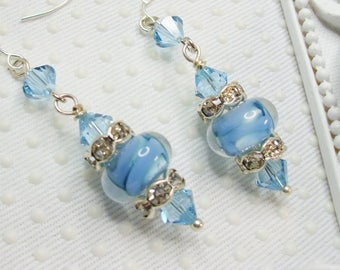Blue Boro lampwork earrings, SRA Lampwork Earrings, Swarovski elements and All SS 925 Earrings, Blue Earrings, Lampwork jewelry