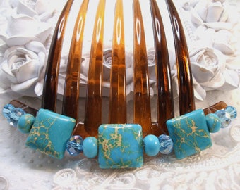 Turquoise Imperial Jasper and Swarovki crystal elements French Twist Large hair comb Jasper French comb gift comb Semi precious hair comb