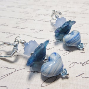 Blue Striped Valentine Heart German Lampwork Beads with hand painted lucite flowers Lucite Flowers silver plated Earrings