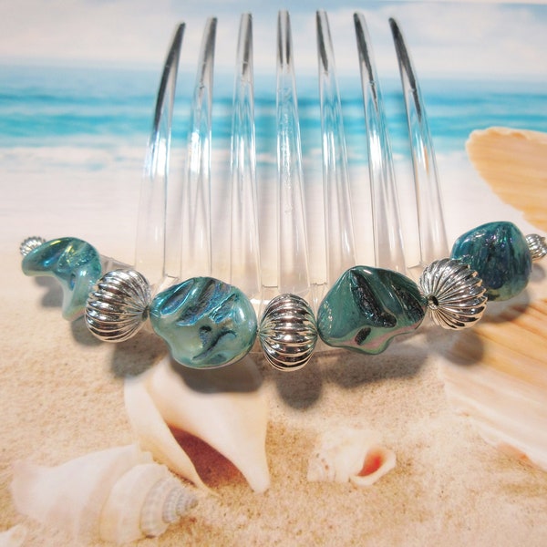 Turquoise Sea Shells & Silver plate Fluted Beads Large french twist Comb, Beach Wedding Mermaid COS play Large Hair Comb