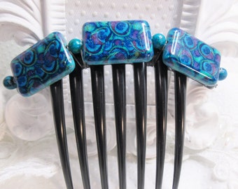 Semi precious comb Thicker Comb with Semi Precious elements comb Ocean Jasper and Purple Quartzite SS plated French Hair Comb