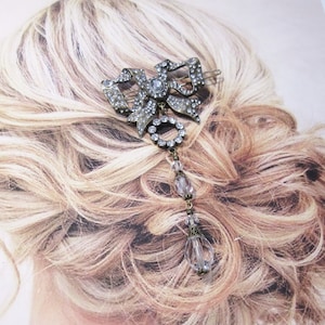 Art Deco Inspired Rhinestone Bow &  Vintage Crystals 4&quot; Clip Barrette, Wedding barrette Hair clip, Romantic beaded Crystal Bow Barrette
