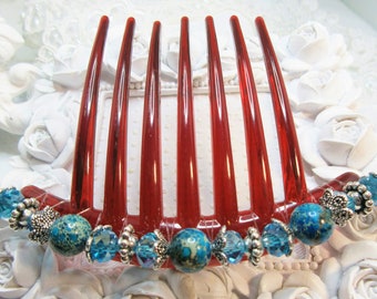 Turquoise Imperial Jasper and Swarovki crystal elements French Twist Large hair comb Jasper French comb gift comb Semi precious hair comb