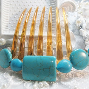 Turquoise Howlite and Reconstituted Turquoise Equestrian French Hair comb, Turquoise Hair comb, Semi Precious hair comb, Southwest hair comb